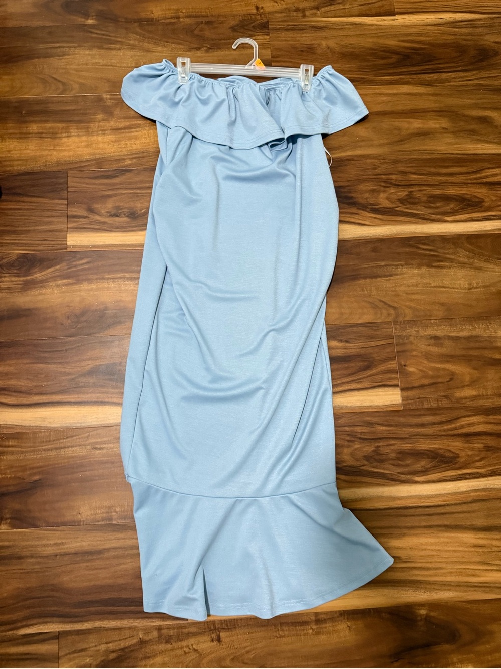 Amazon Strapless Ruffle Maxi Dress in Light Blue